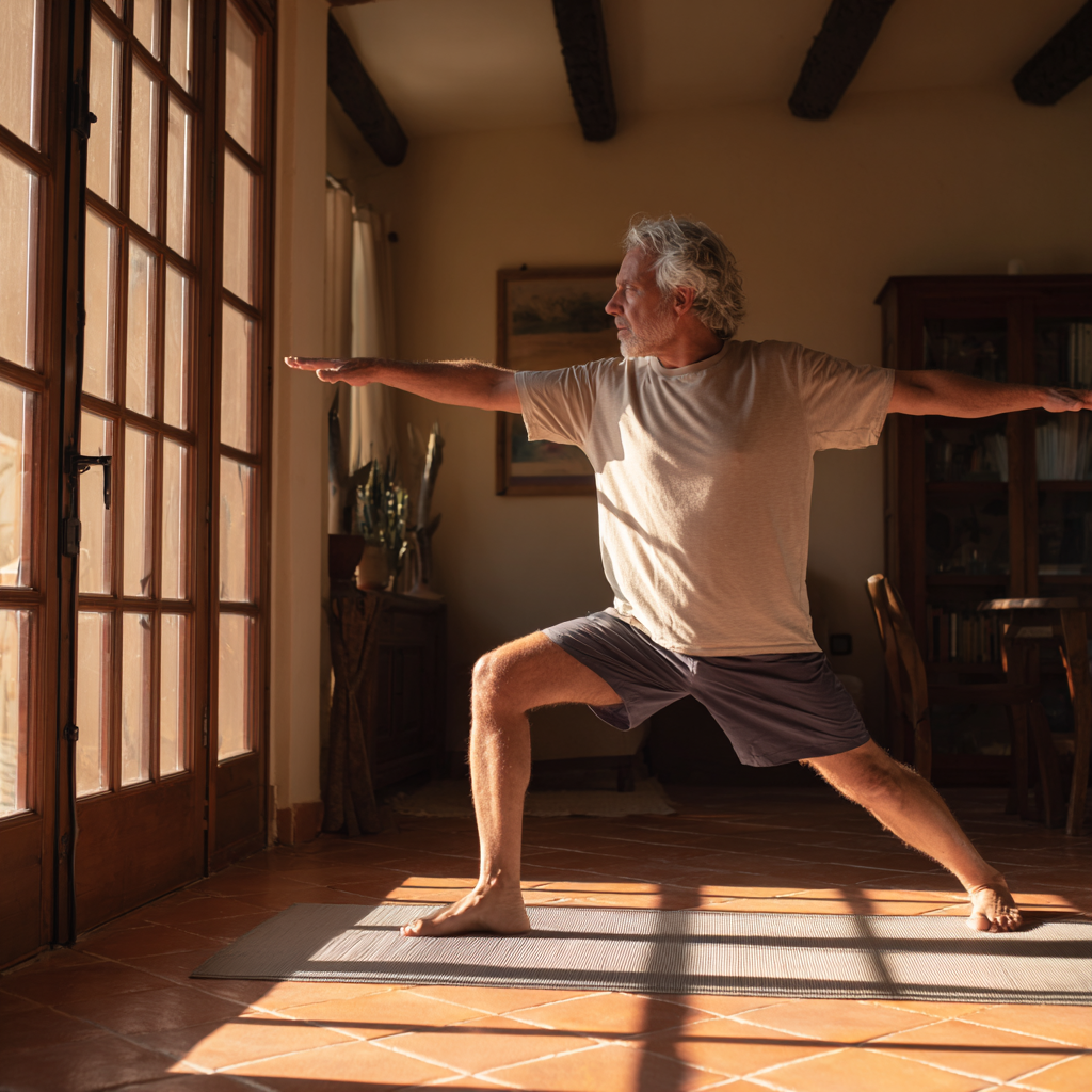 Muž cvičí jogu doma